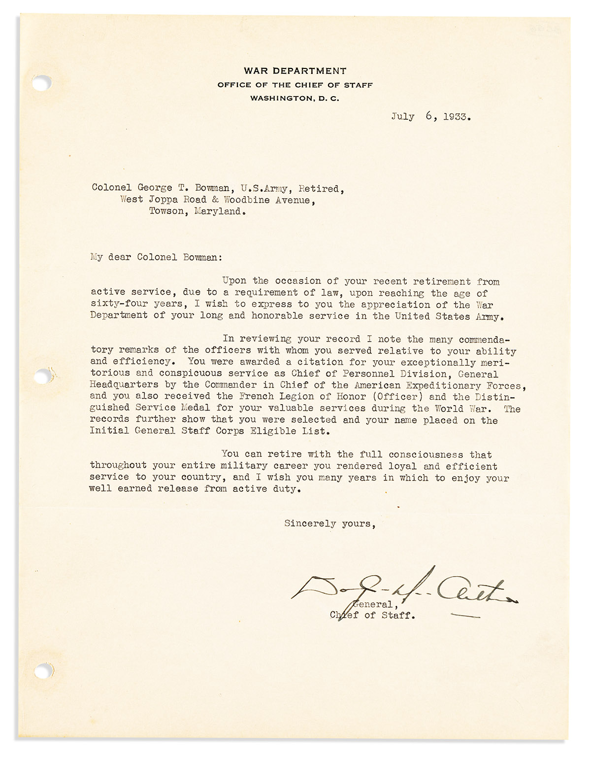 MACARTHUR, DOUGLAS. Typed Letter Signed, to Colonel George T. Bowman (My dear Colonel Bowman),